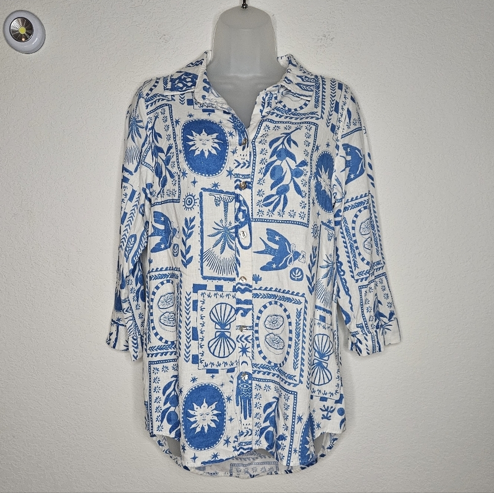 Calypso St. Barth Linen Blend Blue White Button Down Blouse Italy Greece Print